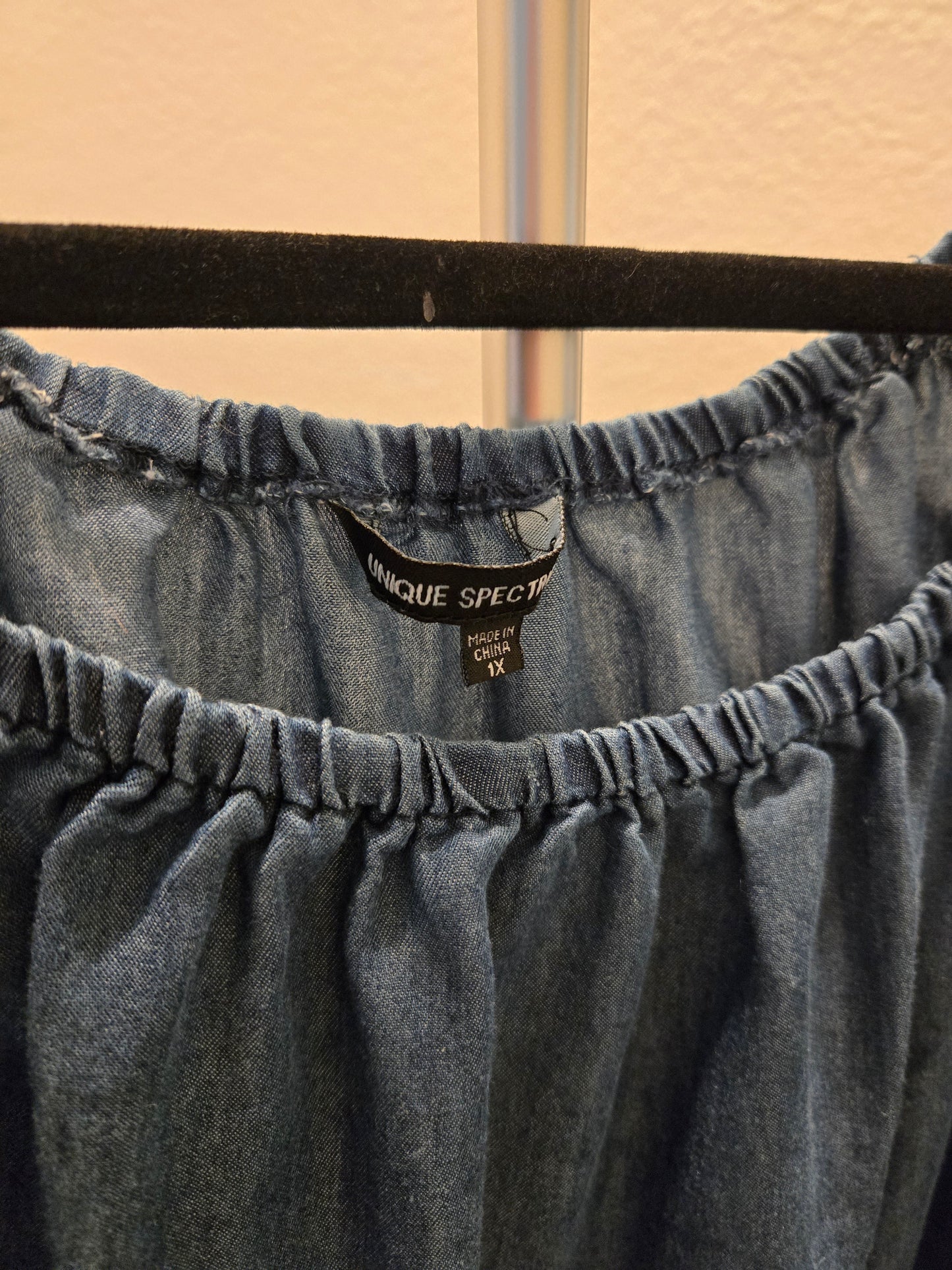 Unique Spectrum Lace Trim Denim Blouse - Medium Wash - 1X