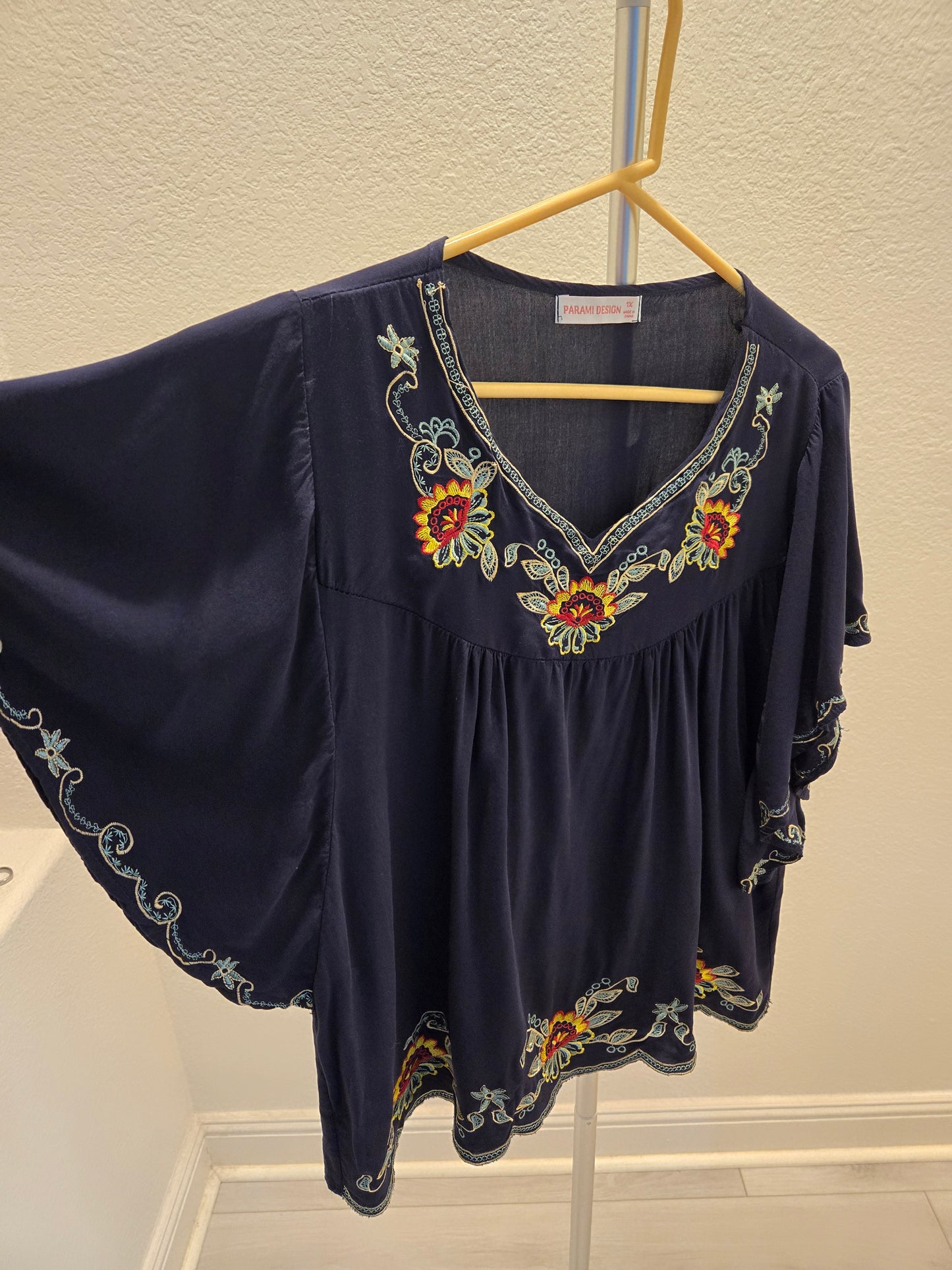 Parami Design Floral Embroidered Peasant Blouse - Navy - 1X