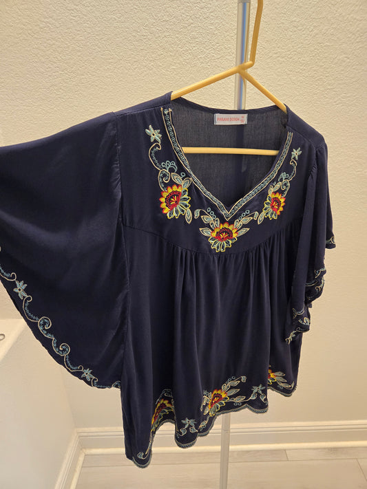 Parami Design Floral Embroidered Peasant Blouse - Navy - 1X