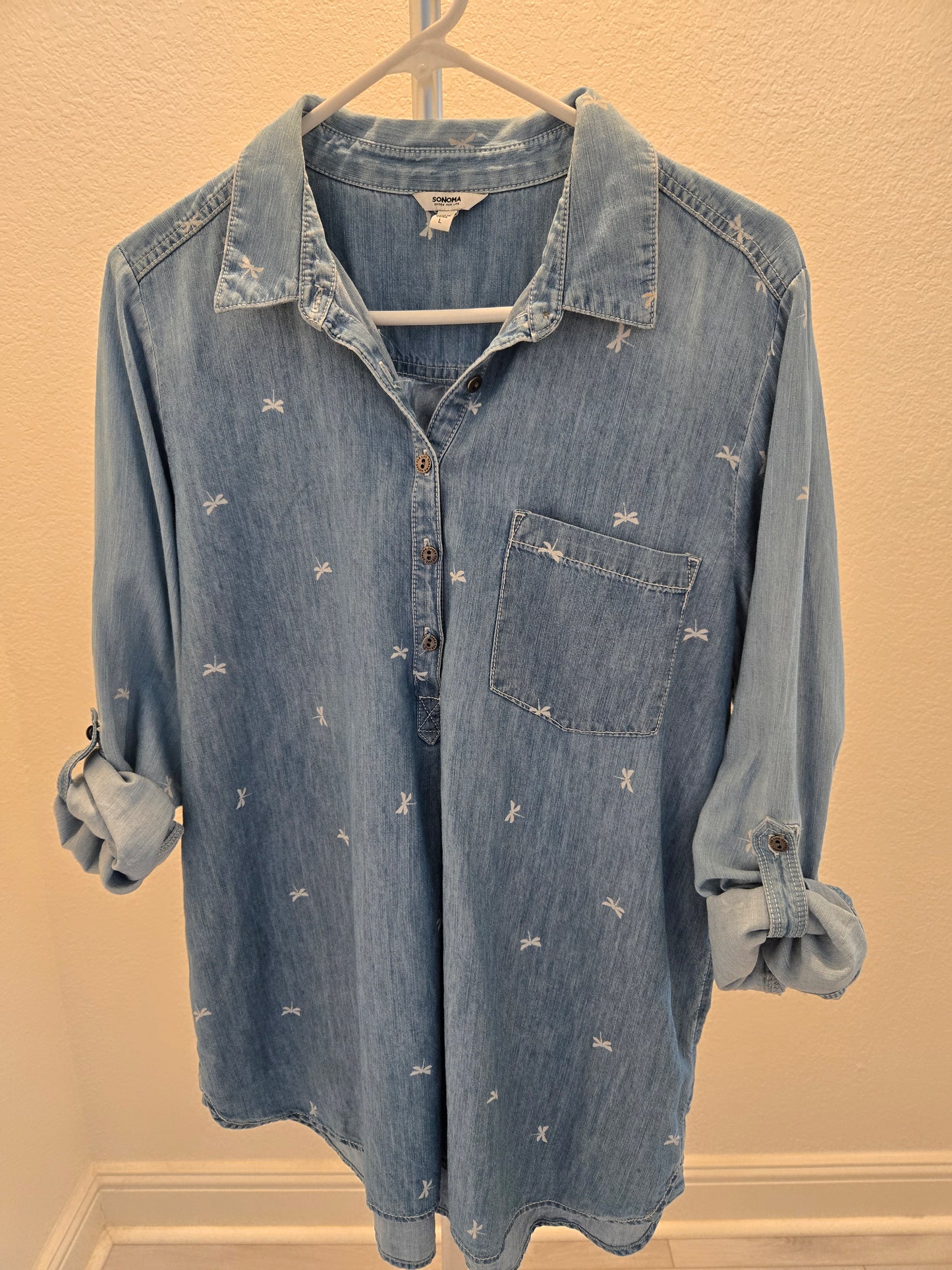 Sonoma Dragonfly Print Chambray Shirt - Light Blue - L