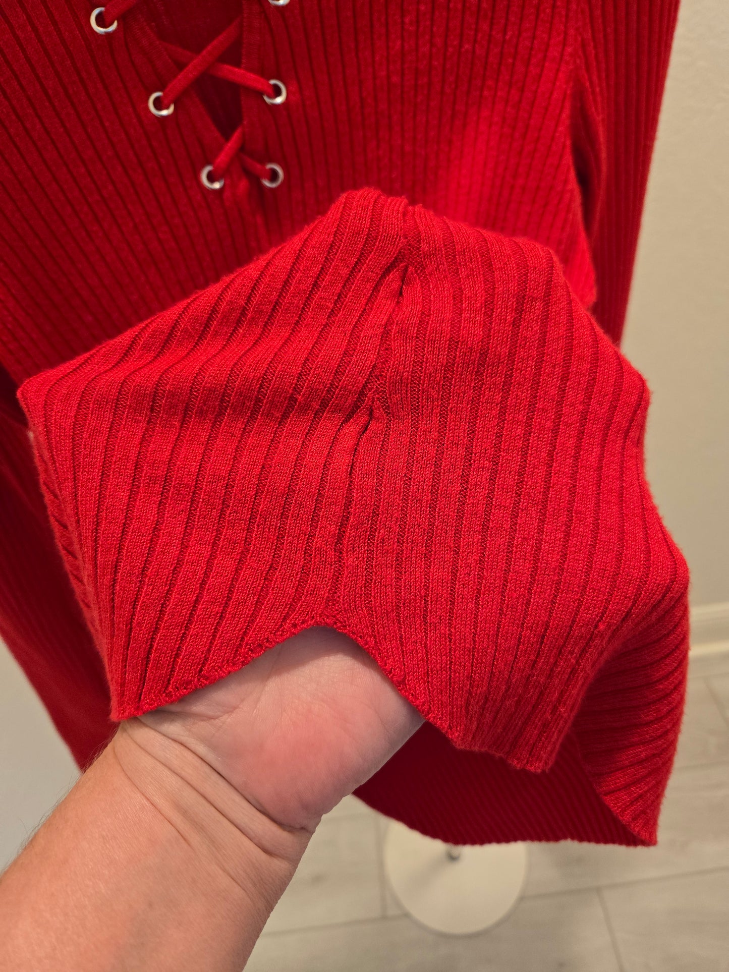 Derek Heart Lace Up Ribbed Sweater - Red - XL