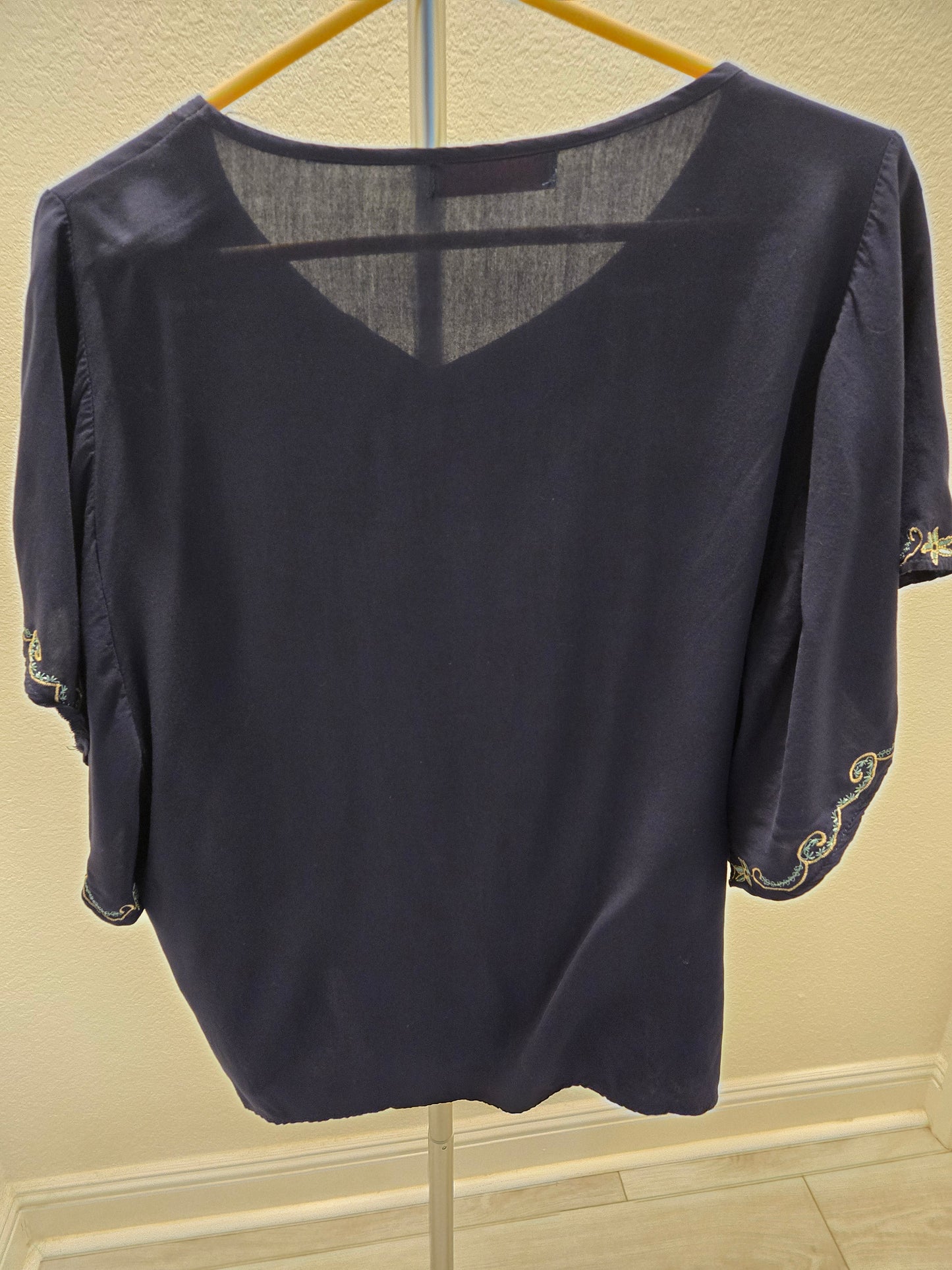 Parami Design Floral Embroidered Peasant Blouse - Navy - 1X