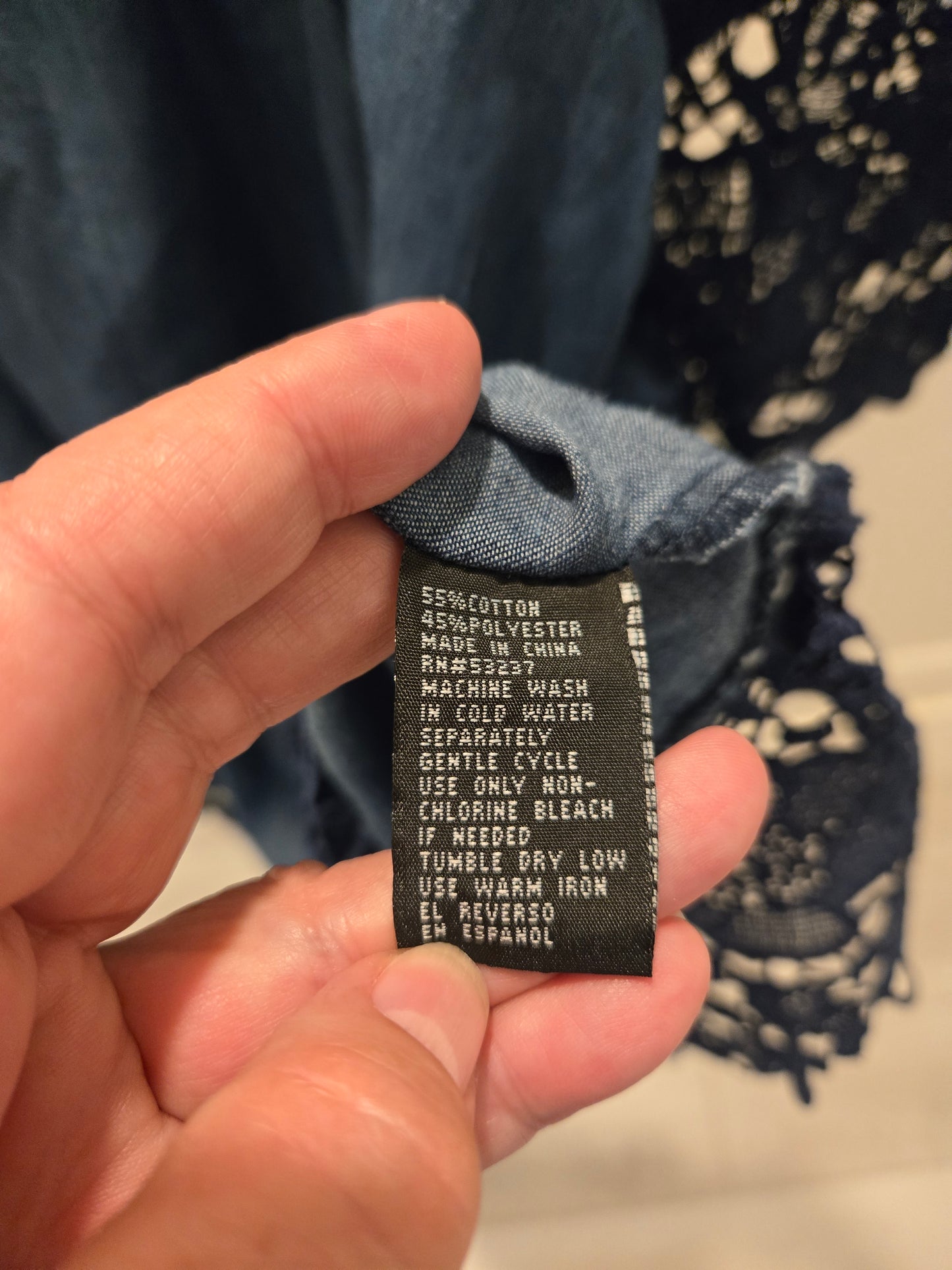 Unique Spectrum Lace Trim Denim Blouse - Medium Wash - 1X