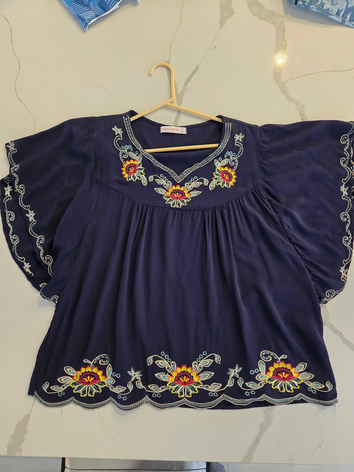 Parami Design Floral Embroidered Peasant Blouse - Navy - 1X