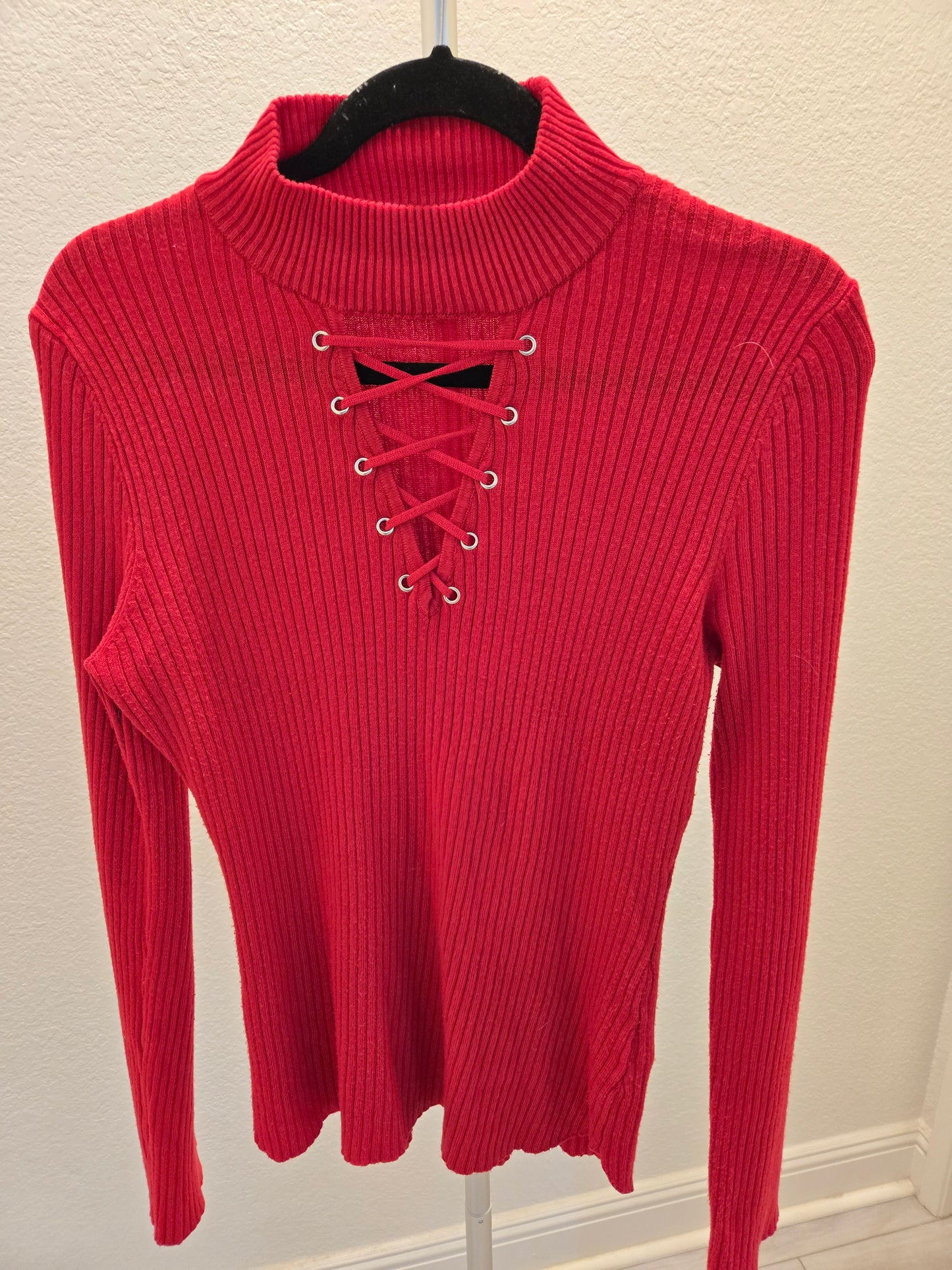 Derek Heart Lace Up Ribbed Sweater - Red - XL