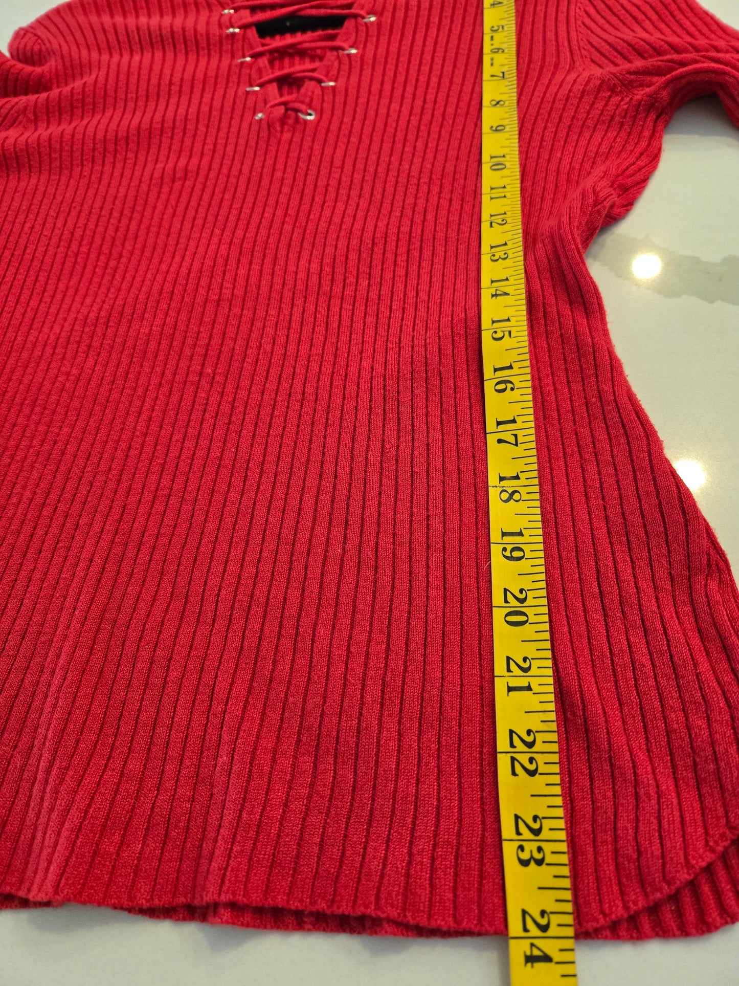 Derek Heart Lace Up Ribbed Sweater - Red - XL