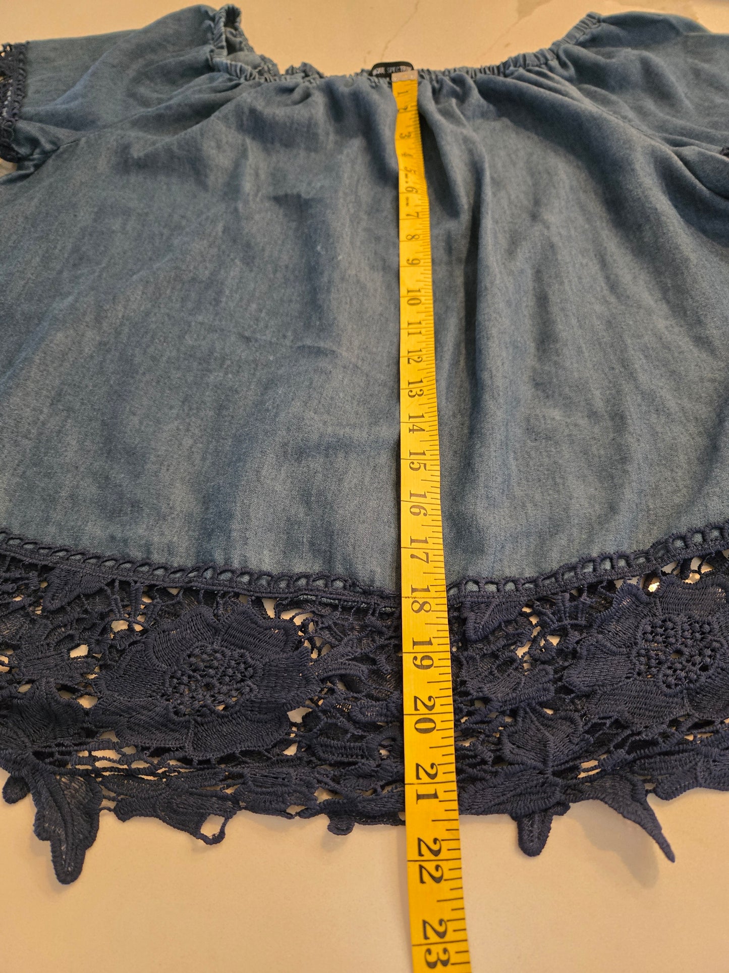 Unique Spectrum Lace Trim Denim Blouse - Medium Wash - 1X