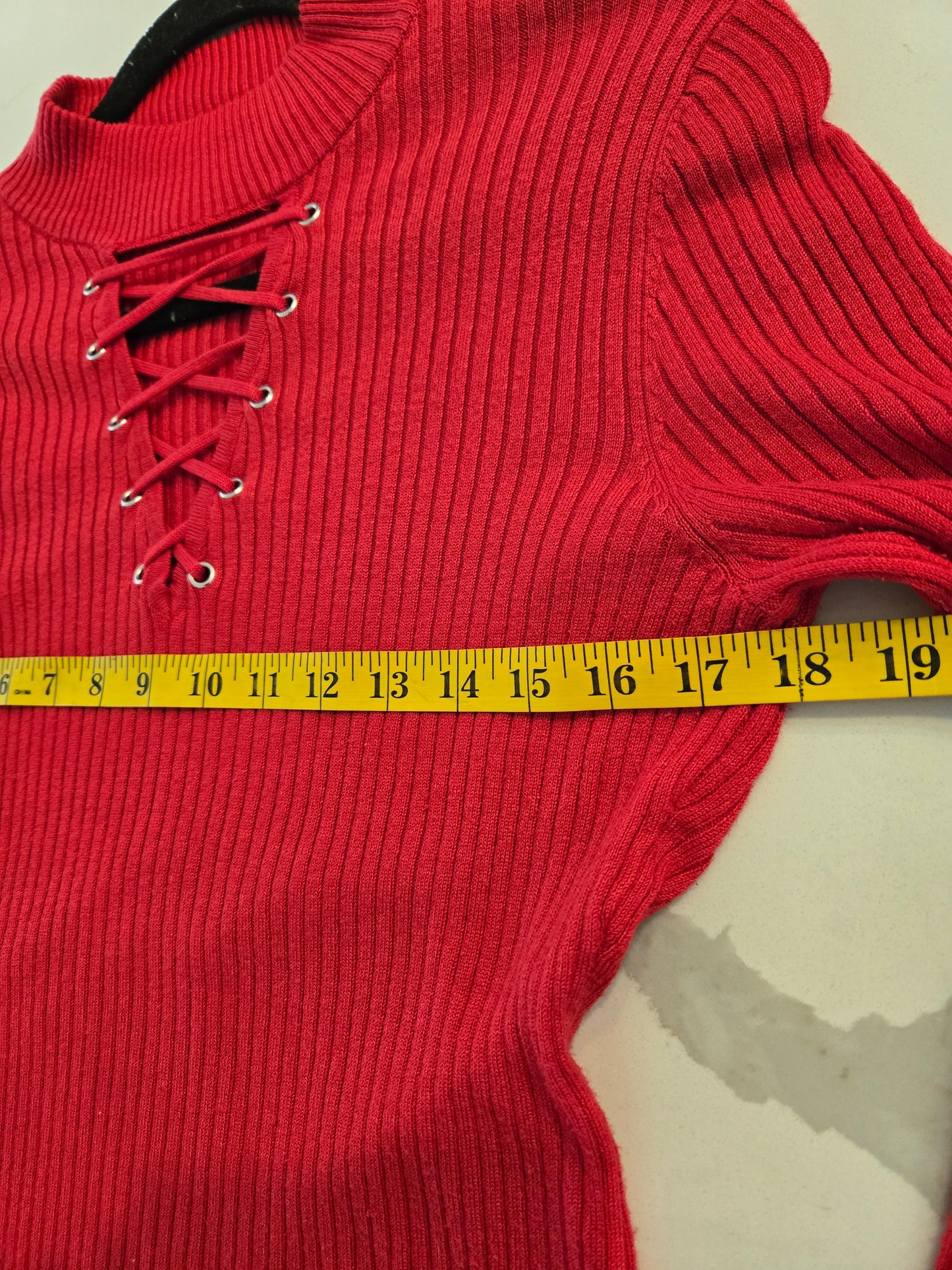 Derek Heart Lace Up Ribbed Sweater - Red - XL