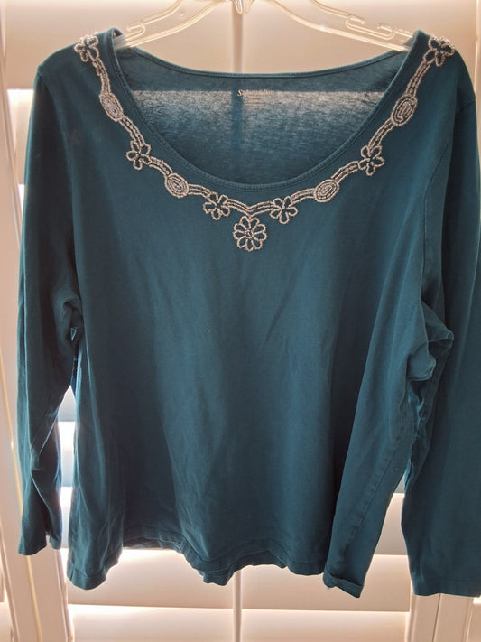 St Johns Bay Size 2X Green With Beads And Sequins V-Neck Top