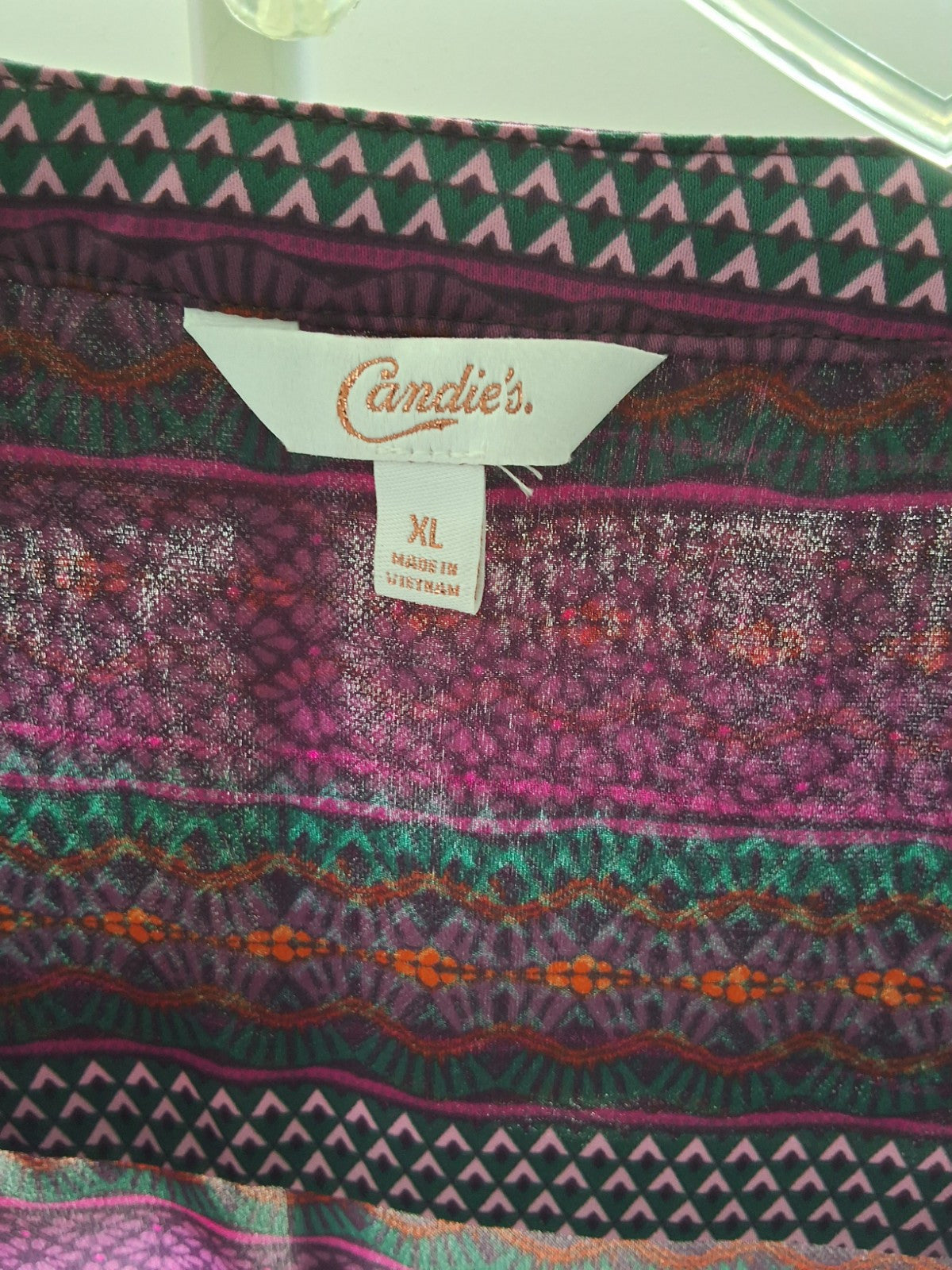 Candies XL Multicolor Sheer Blouse Tunic Abstract Geometric Patchwork Roll Tab