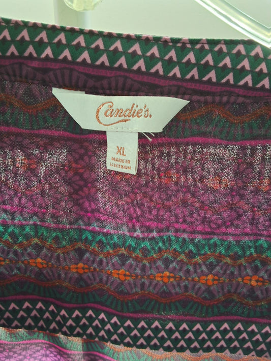 Candies XL Multicolor Sheer Blouse Tunic Abstract Geometric Patchwork Roll Tab