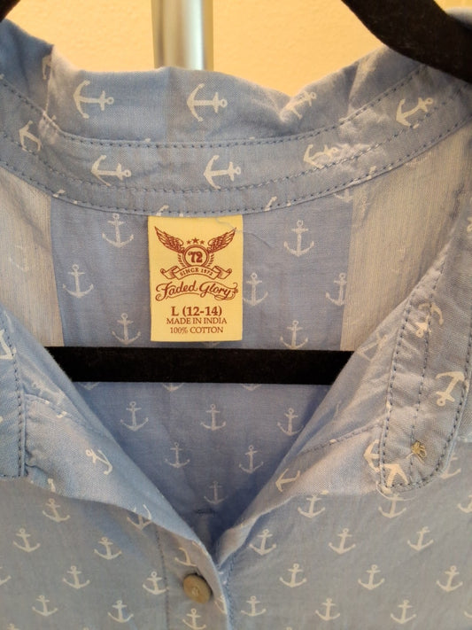 Faded Glory L Coastal Anchor Print Sleeveless Button Up Nautical Blue Coastal