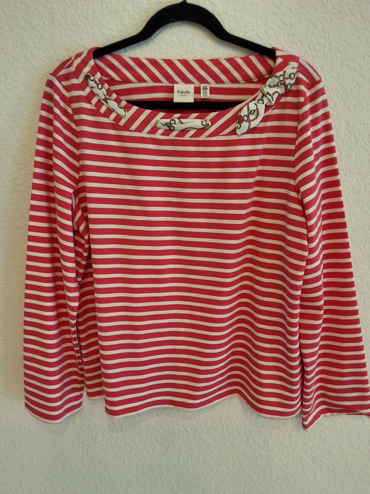 Rafaella Red White Breton Stripe Top Long Sleeve Scoop Neck Nautical XL Womens