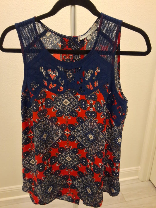 Daniel Rainn Blouse Womens Medium Black Red Floral Mesh Panel Sleeveless Top