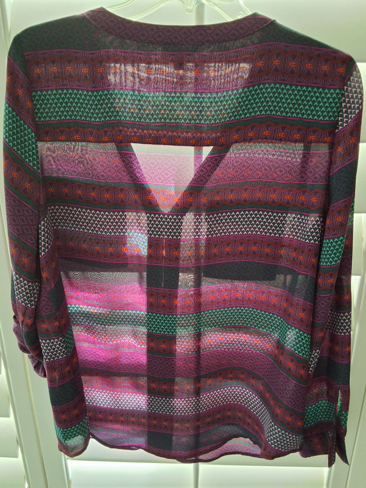 Candies XL Multicolor Sheer Blouse Tunic Abstract Geometric Patchwork Roll Tab