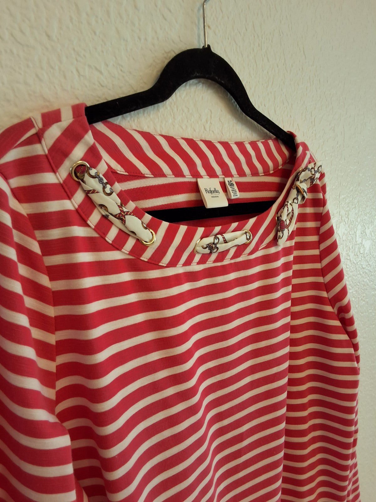 Rafaella Red White Breton Stripe Top Long Sleeve Scoop Neck Nautical XL Womens