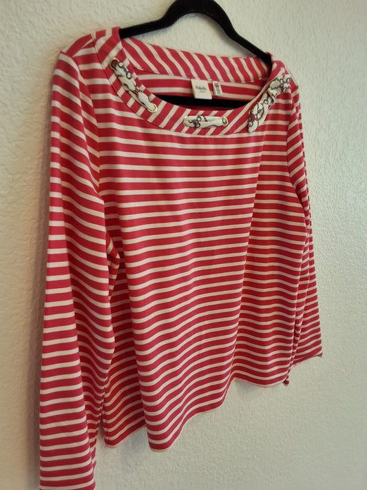 Rafaella Red White Breton Stripe Top Long Sleeve Scoop Neck Nautical XL Womens