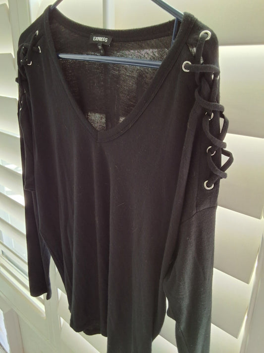 Express Size S Womens Black Laced Shoulder Long Sleeves Top