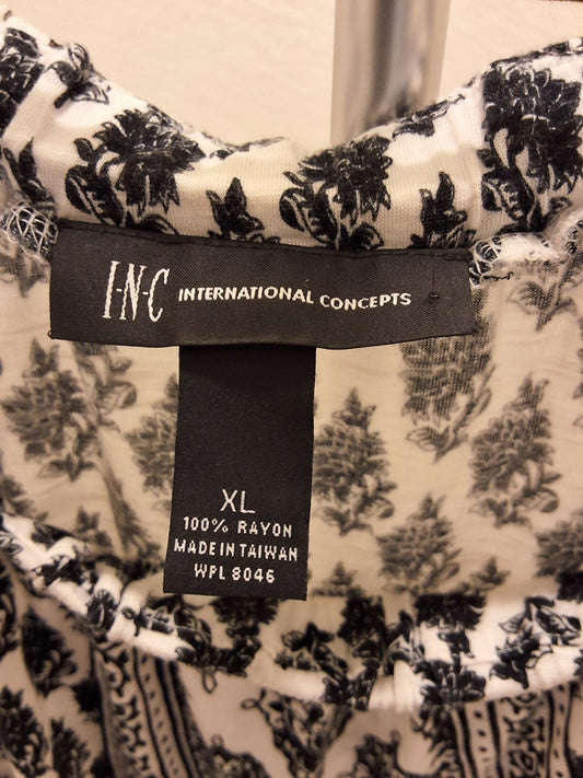 INC L Boho Peasant Smocked Off Shoulder Cottagecore B/W Print Blouse