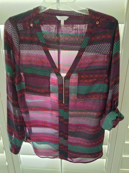 Candies XL Multicolor Sheer Blouse Tunic Abstract Geometric Patchwork Roll Tab