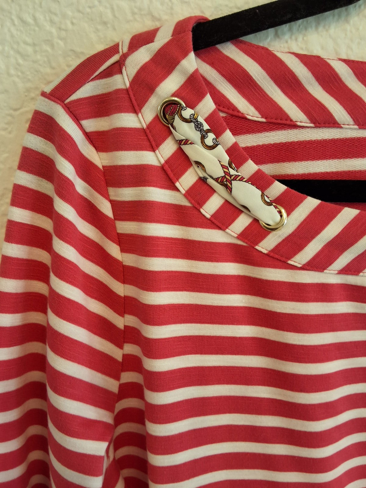 Rafaella Red White Breton Stripe Top Long Sleeve Scoop Neck Nautical XL Womens