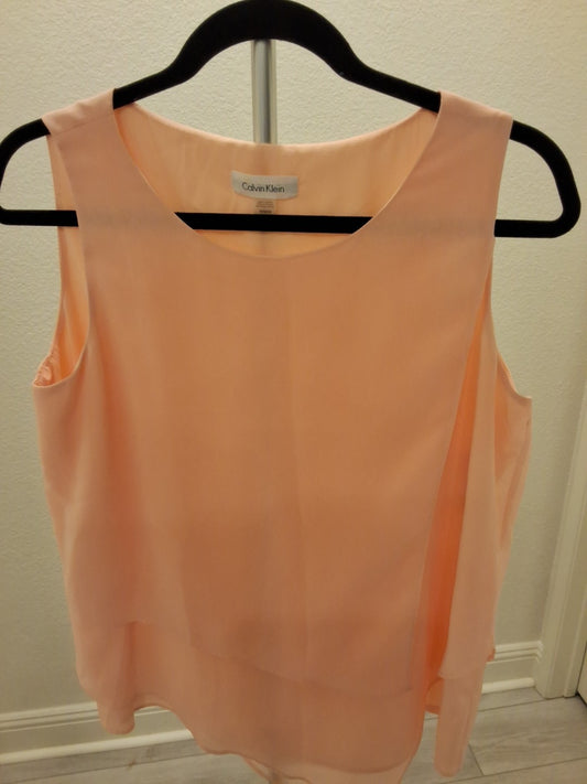 Calvin Klein Peach Sheer Size M Womens Stretch Sleeveless Multi Layer Blouse