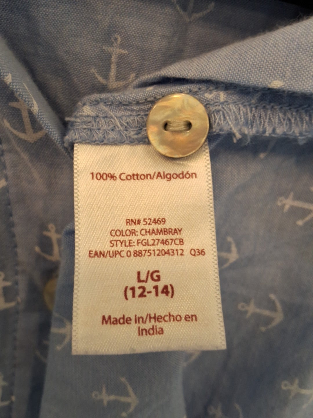 Faded Glory L Coastal Anchor Print Sleeveless Button Up Nautical Blue Coastal