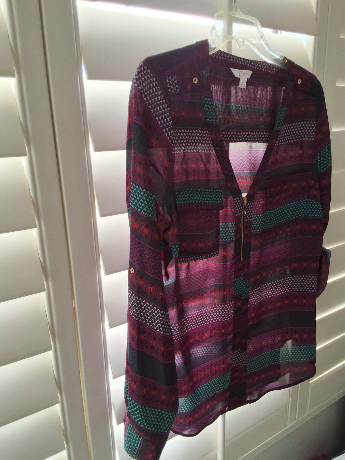 Candies XL Multicolor Sheer Blouse Tunic Abstract Geometric Patchwork Roll Tab