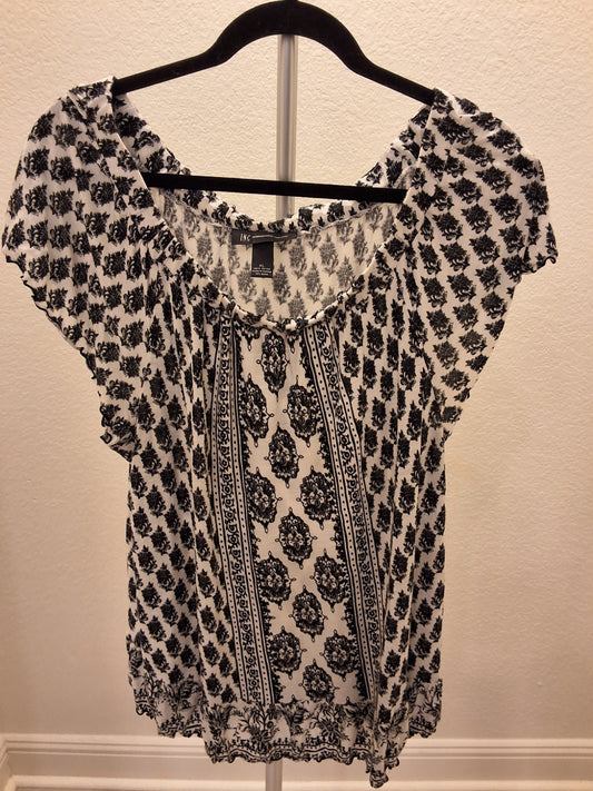 INC L Boho Peasant Smocked Off Shoulder Cottagecore B/W Print Blouse