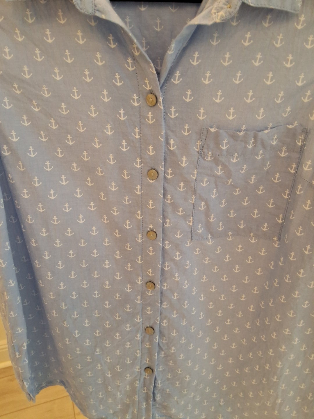 Faded Glory L Coastal Anchor Print Sleeveless Button Up Nautical Blue Coastal