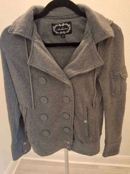 Ambiance Button & Snap Double Breasted M Gray Rib Knit Cuffs Womens Pea Coat