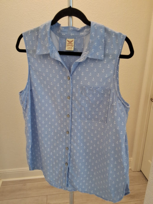 Faded Glory L Coastal Anchor Print Sleeveless Button Up Nautical Blue Coastal