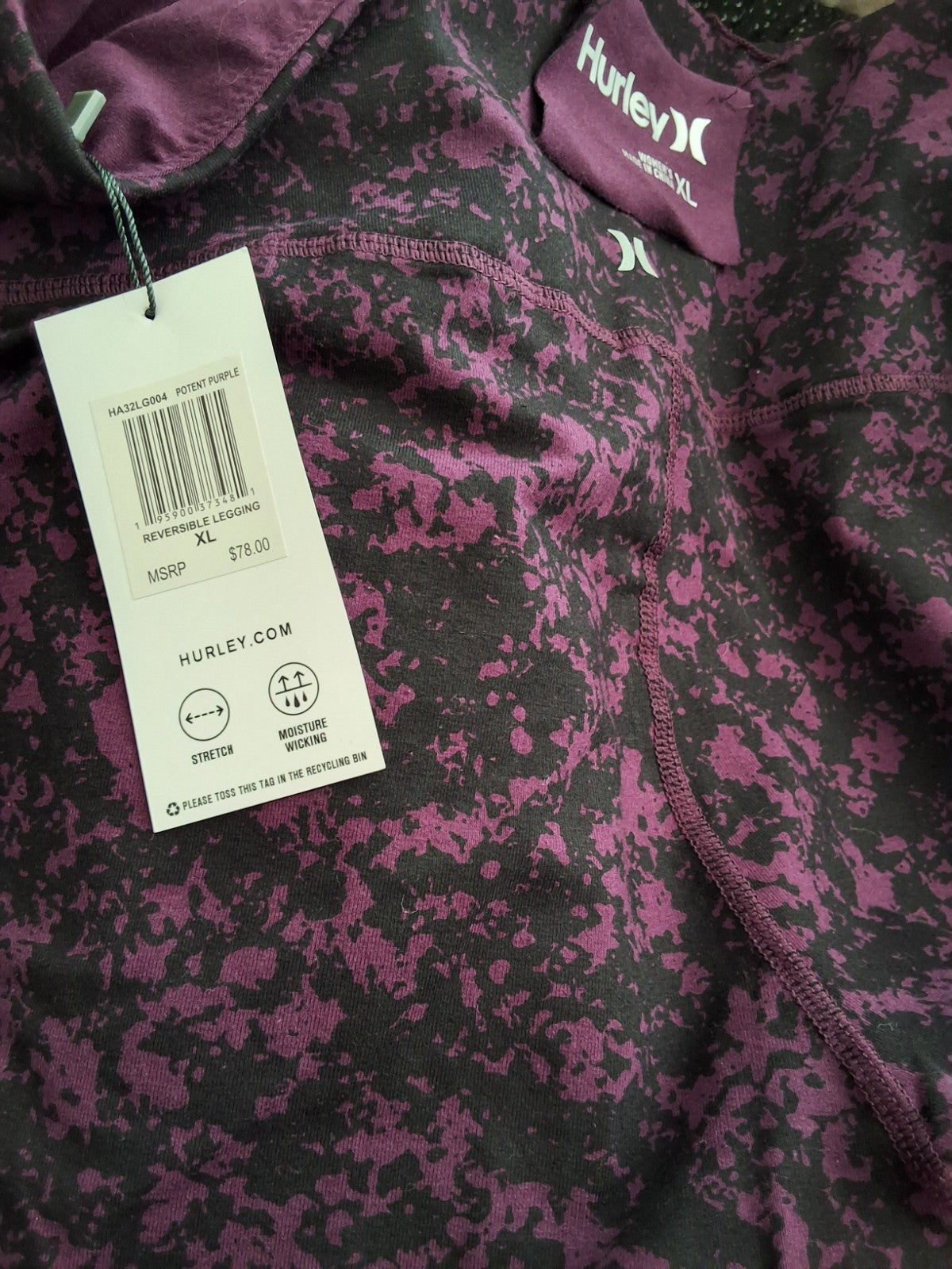 Hurley NEW High Waisted Leggings Purple Black Abstract Camo Reversible NEW