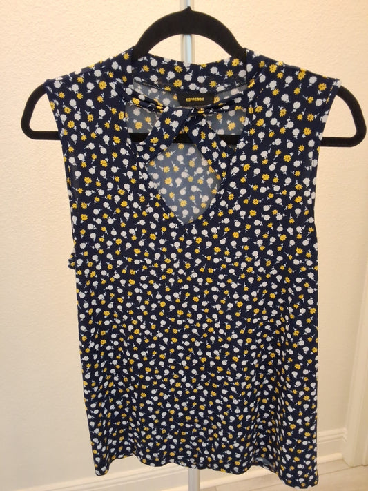 Expresso L Navy Ditsy Floral Keyhole Mock Neck Sleeveless Blouse Y2K Cutout Top