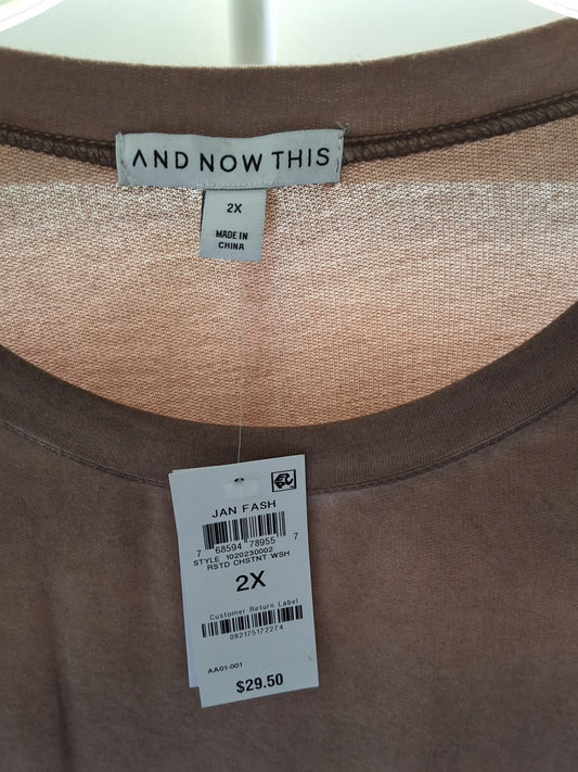 And Now This Womens Trendy Plus Size 2X Ribbed Crewneck Almond Tan NEW $29 Top