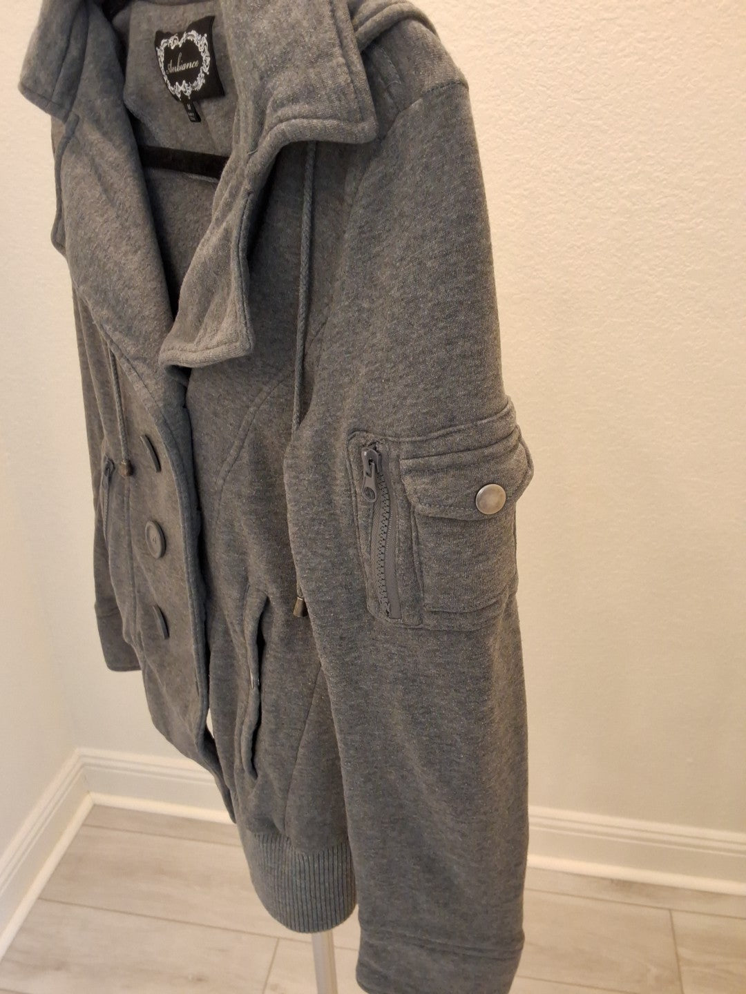 Ambiance Button & Snap Double Breasted M Gray Rib Knit Cuffs Womens Pea Coat