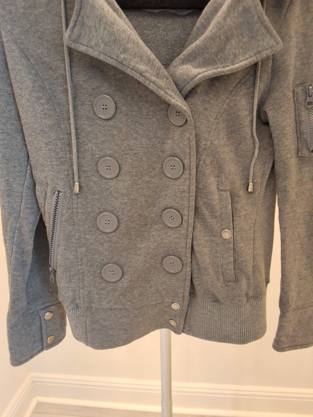 Ambiance Button & Snap Double Breasted M Gray Rib Knit Cuffs Womens Pea Coat